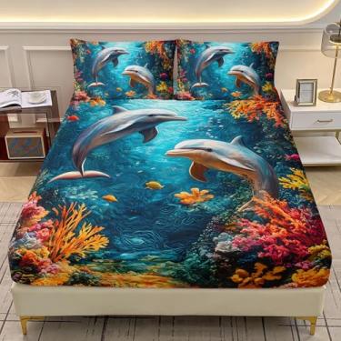Imagem de AILONEN Jogo de lençol solteiro com elástico golfinho, colorido, coral, oceano, praia, litoral, 1 lençol com elástico com 2 fronhas, 3 peças