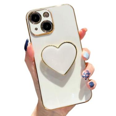 Imagem de Linda capa para iPhone 13 de 6,1 polegadas, capa protetora branca de TPU (poliuretano termoplástico) macio à prova de choque com suporte, suporte de coração de amor, capa de telefone para meninas e