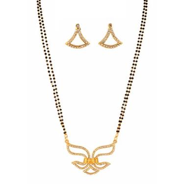 Imagem de Touchstone Conjunto de colar feminino estilo mangalsutra com strass branco étnico indiano Bollywood dourado