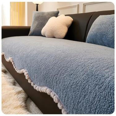 Imagem de Capa de veludo para sofá de 3 lugares conversível em forma de L, capas de sofá laváveis, capa de sofá de 3 lugares, lavável, 2 almofadas, design ondulado, azul, 110 x 110