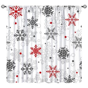 Imagem de Cortinas de Natal, cinza e vermelho flocos de neve brancos tratamentos de janela, cortinas com isolamento térmico para varão, 2 conjuntos de painéis para férias de inverno, quarto, sala de estar