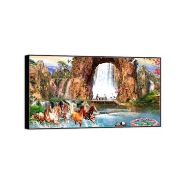 Imagem de Chinoiserie Arte de parede paisagem imagem em tela - flores de montanha cavalo-pintura chinesa - impressões de moldura preta para decoração de casa 50 x 90 cm 20 x 35 pol