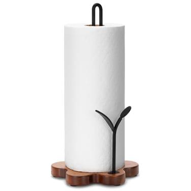Imagem de SUNNEKO Suporte de toalha de papel de madeira, suporte de rolo de cozinha preto, suporte de papel de cozinha rústico fácil de rasgar para mesa de jantar (folha B)