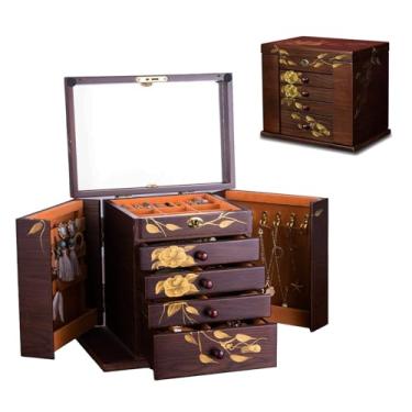 Imagem de Caixa de joias de madeira para mulheres, caixa de joias de madeira pintada à mão com gavetas e espelho para anéis, brincos, colares, pulseiras, espelho de porta tripla