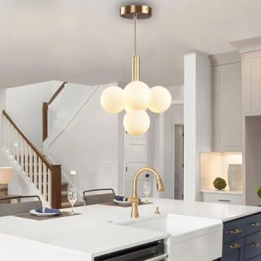 Imagem de Lustre Sputnik de 5 Lâmpadas com Globo Dourado, Estilo Meados do Século XX, Luminária Pendente Redonda Moderna para Sala de Jantar, Luminária de Mesa para Sala de Estar, Hall de Entrada e Qu
