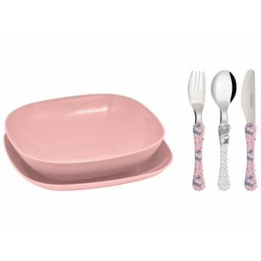 Imagem de Conjunto pratos e talheres infantil  Rosa  Unicornio - Simonaggio