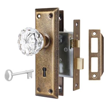 Imagem de newliplace Conjunto de fechadura de encaixe para porta interna, maçanetas de porta de latão antigo vintage com fechadura e chave de esqueleto, maçanetas de vidro de cristal para porta de estilo antigo