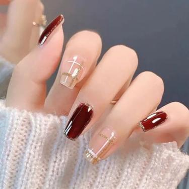 Imagem de Unhas postiças curtas quadradas médias bordô vermelhas falsas com glitter simples Desien cobertura completa cola acrílica falsa em unha para mulheres, 24 peças