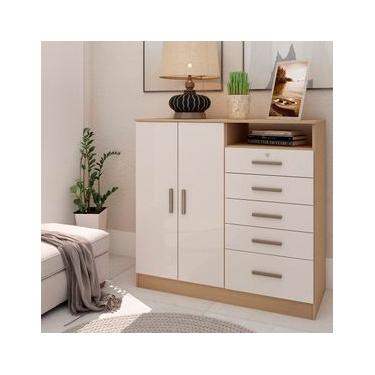 Imagem de Cômoda Genialflex Guatemala com 2 Portas, 5 Gavetas, 2 Prateleiras, 1 Nicho e 112cm de largura - Freijó/White Laca