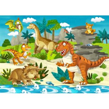 Imagem de CORFOTO Tecido 2,1 x 1,5 m pano de fundo de dinossauro desenho animado parque safári tiranossauro fundo pré-histórico tema parque dinossauro para meninos recém-nascidos 1º aniversário pano de fundo