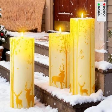 Imagem de Tuanse 3 velas jumbo de Natal sem chama, 10 x 25,5 cm, vela LED grande à prova d'água com rena dourada remota de Natal, funciona por pilha, para decoração de lanternas de varanda de pátio de férias