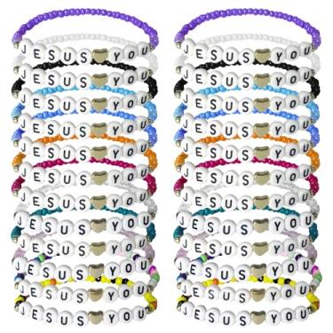 Imagem de poosenniol 24 pulseiras Jesus Loves You Pulseiras de amizade a granel joias cristãs presentes de Páscoa para mulheres homens presente religioso inspirador, Resina