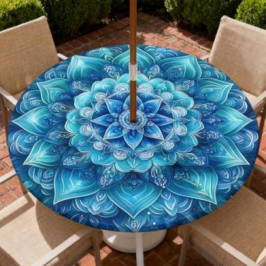 Imagem de Yesad Toalha de mesa redonda para uso ao ar livre com orifício para guarda-chuva, toalha de mesa com zíper e borda elástica, capa de toalha de mesa à prova d'água para piqueniques, serve para mesa