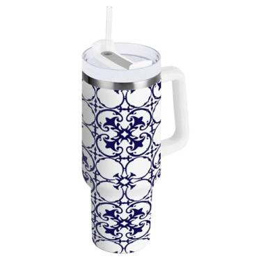 Imagem de Kigai Copo de 850 g com alça, copos isolados com padrão de cerâmica mexicana com tampa e canudo, garrafa de água esportiva de metal grande, caneca de café de viagem de aço inoxidável