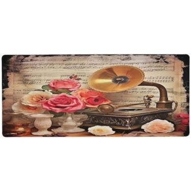 Imagem de Wassud Mouse pad vintage gramofone e rosas para jogos com base de borracha antiderrapante, mouse pad longo para teclado de computador com borda costurada, almofada grande à prova d'água para