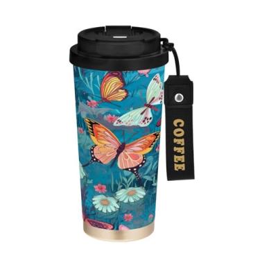 Imagem de YETTASBIN Caneca de café Butterfly com isolamento térmico de 482 g com tampa canudo, copo à prova de derramamento e vazamento com alça para bebida quente e fria, garrafa de água de aço inoxidável