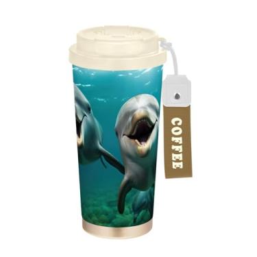 Imagem de YETTASBIN Caneca de café Dolphin com isolamento térmico de 482 g com tampa canudo, copo à prova de derramamento e vazamento com alça para bebida quente e fria, garrafa de água de aço inoxidável
