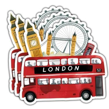 Imagem de 3 peças de adesivos de ônibus de dois andares vermelho Londres emblemáticos marcos do Reino Unido – Big Ben, London Eye, Tower Bridge Phone Booth Souvenir Travel Decal – Turismo britânico para bagagem