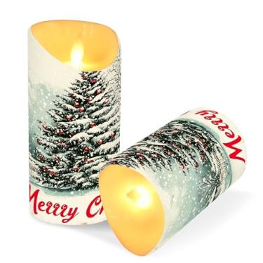 Imagem de Blueangle Pacote com 2 velas vintage de árvore de Natal sem chamas com controle remoto e temporizador, velas LED cintilantes (7,6 cm x 15 cm) para decoração de casa, casamento, acampamento (588)