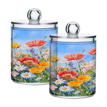 Imagem de STAYTOP 4 peças de primavera lindas flores silvestres dispensador Qtip boticário frascos de banheiro com etiquetas - recipiente de armazenamento Qtip recipiente de plástico transparente acrílico para