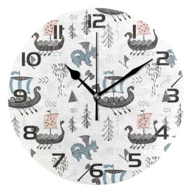 Imagem de YETTASBIN Relógio de parede Viking Ships, silencioso, sem tique-taque, operado por bateria, relógio redondo decorativo criativo para cozinha, sala de estar, banheiro, decoração de escritório em casa