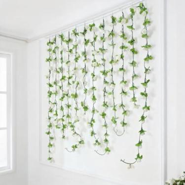 Imagem de 33 cabeças flores artificiais rosa videira verde planta folhas DIY enfeites de pendurar casamento decoração de arco de jardim para casa, 230 cm (1 peça, branco)