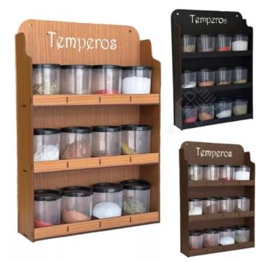 Imagem de Prateleira Porta Condimentos Suporte Em Madeira Porta Tempero de Parede 12 Potes de Plástico(GRANDE (COM 12 POTES) Marrom)