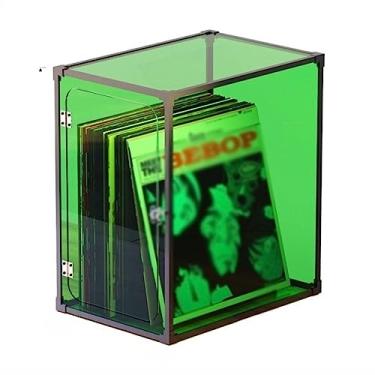 Imagem de Suporte para armazenamento de CDs Caixa de armazenamento discos vinil, caixa suporte LP com moldura liga alumínio, organizadora tampa vidro orgânico, fácil instalar(Green)