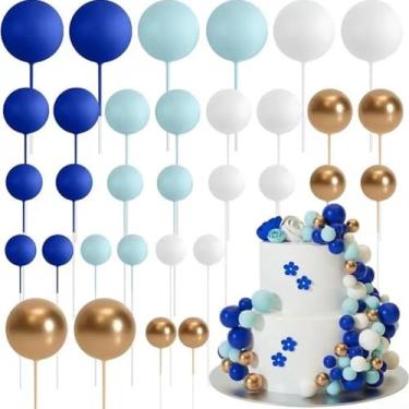 Imagem de Bolas de decoração de bolo, 32 peças, combinação de 4 cores, festa de aniversário, casamento, decoração de bolo, plug-in, azul escuro, azul claro, ouro branco, pacote com 32 combinações