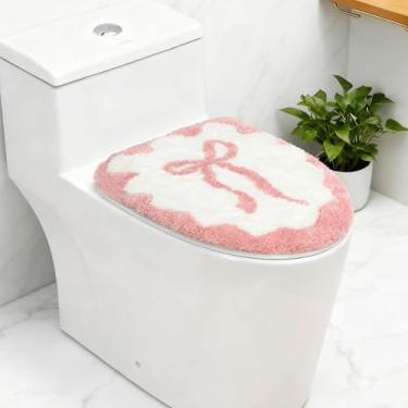 Imagem de Capa de assento de vaso sanitário de banheiro com laço rosa delicada borda ondulada linda capa de assento de vaso sanitário 44,5 cm x 38 cm lavável na máquina, decoração de banheiro elegante e macia