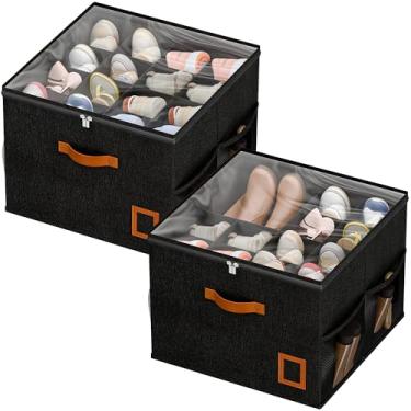 Imagem de FooGuila Organizador de sapatos para armário, pacote com 2 caixas organizadoras de sapatos dobráveis com divisórias ajustáveis e capa transparente, caixa de sapato que economiza espaço com alças