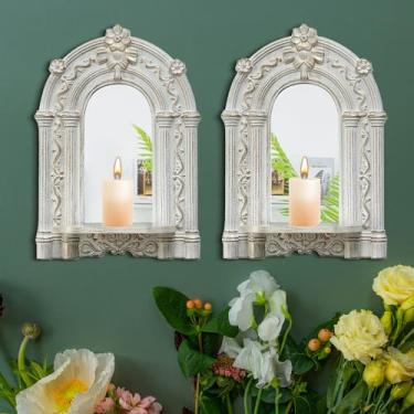 Imagem de sxnzequnze Conjunto de arandelas tridimensionais de alívio, 2 castiçais rústicos para pendurar na parede, decoração de parede de madeira, arte de parede espelhada, esculpida à mão, decoração de casa