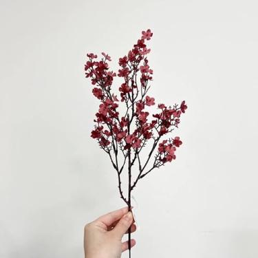 Imagem de Ramo de Flores de Cerejeira Artificial 35cm Buquê de Seda Para Decoração Casamento Festa Arranjos Florais(Rose Escuro,2)