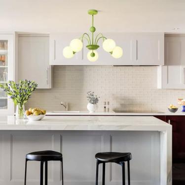 Imagem de Lustre moderno verde com 5 lâmpadas, estilo esfera Sputnik, luminária pendente criativa em vidro branco leitoso para quarto infantil, hall de entrada, sala de jantar, ilha de cozinha, sala d
