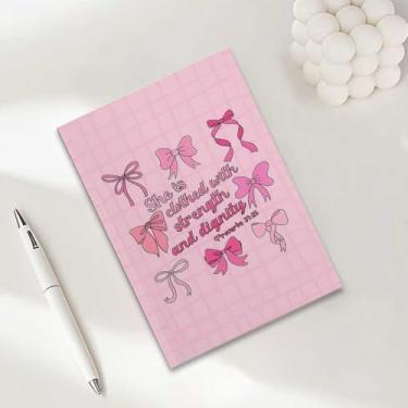 Imagem de Caderno bíblico com laço rosa, presentes cristãos para mulheres, cadernos de diário A5 para uso no escritório, caderno de diário cristão de 21 x 14,7 cm, versículo bíblico, planejador de oração das