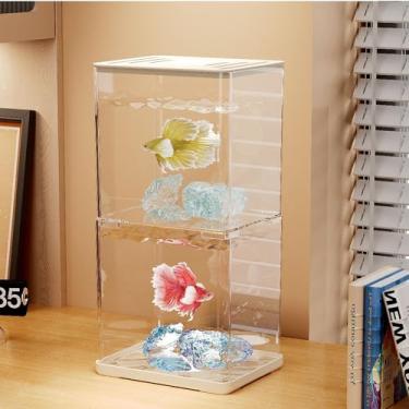 Imagem de Tanque de peixes Betta pequeno, pacote com 2, mini aquário de 1 litro com base ajustável, cascalhos e cristal de resina, aquário de acrílico para casas ou escritórios, ideal para peixes beta, peixes