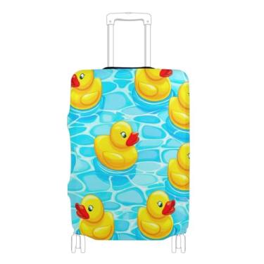 Imagem de Joisal Capa de mala protetora de bagagem personalizada com desenhos animados acessórios de viagem para mulheres fofos patos amarelos piscina azul, P, serve para capa de 45 a 50 cm, Linda piscina azul