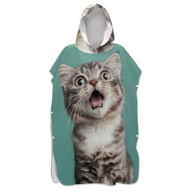 Imagem de Poncho de surfe vestível para trocador de roupas de banho de praia com capuz bonito estampa de gato surpreso poncho masculino com capuz