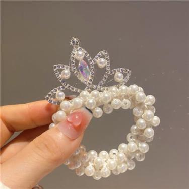 Imagem de Laços de cabelo com contas – elásticos elásticos elásticos de coroa de cristal de lótus com contas de pérolas brancas e laços de cabelo de princesa para mulheres