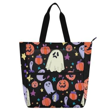 Imagem de GAIGEO Sacola colorida de abóboras fantasmas pretas para mulheres, crianças, com zíper, escola, professor, escritório, bolsa de lona reutilizável