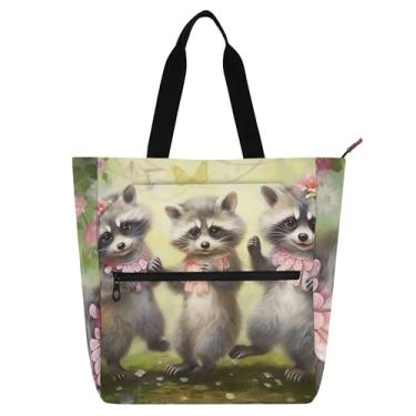 Imagem de GAIGEO Lindas bolsas de trabalho com flores de guaxinins para mulheres, bolsa de lona para livros de praia, bolsas de tecido com zíper e compartimentos