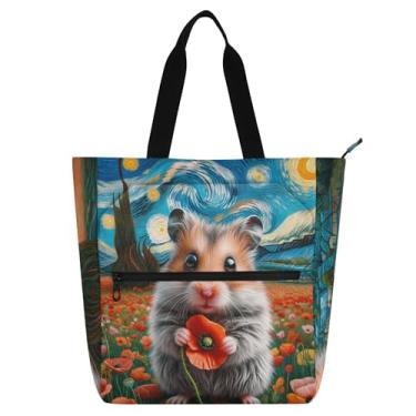 Imagem de GAIGEO Starry Night Hamster Poppy Flower Work Tote Bags for Women Canvas Beach School Tote Bag Ladies Kids Handbag with Compartiments