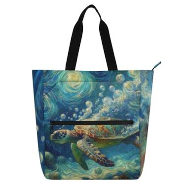 Imagem de GAIGEO Sacola feminina azul com estampa de tartaruga marinha, noite estrelada, para trabalho, praia, livro, sacola com zíper, bolsa reutilizável com compartimentos