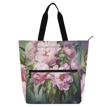 Imagem de GAIGEO Bolsa feminina bouquet peônias rosa bolsa de trabalho de lona bolsas de pano bolsas de professor universitário escola com compartimentos