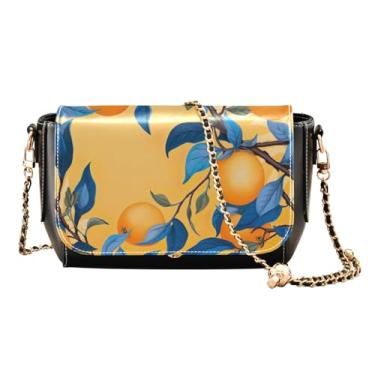 Imagem de Laranjas em amarelo com ramos bolsas femininas de couro, bolsa de ombro feminina de couro, bolsa tiracolo de corrente, Laranjas e folhas azuis-1, One Size