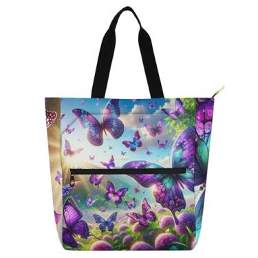 Imagem de GAIGEO Bolsas de trabalho femininas com borboletas violeta florais, lona, praia, escola, bolsas para professores com compartimentos