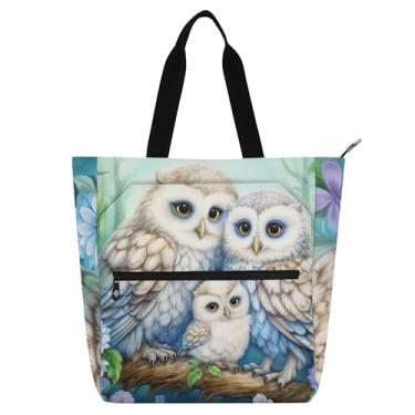 Imagem de GAIGEO Linda bolsa de trabalho com flores de corujas para mulheres, bolsa escolar de lona com zíper, presente reutilizável para amantes de livros