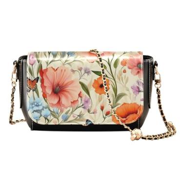 Imagem de Bolsa tiracolo quadrada com azul floral PU para mulheres, bolsa de ombro de couro sintético, bolsa de ombro transversal de couro, Borboletas e flores florais em aquarela - 4, One Size