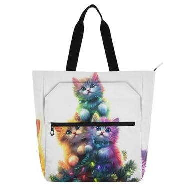 Imagem de GAIGEO Sacola feminina de Natal com gatinho fofo para trabalho em lona, faculdade, escola, bolsas para professores, amantes de livros
