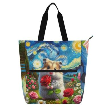 Imagem de Linda bolsa de mão de hamster estrelada para trabalho, para mulheres, lona, praia, escola, bolsa de mão para o dia a dia, para amantes de livros, presentes